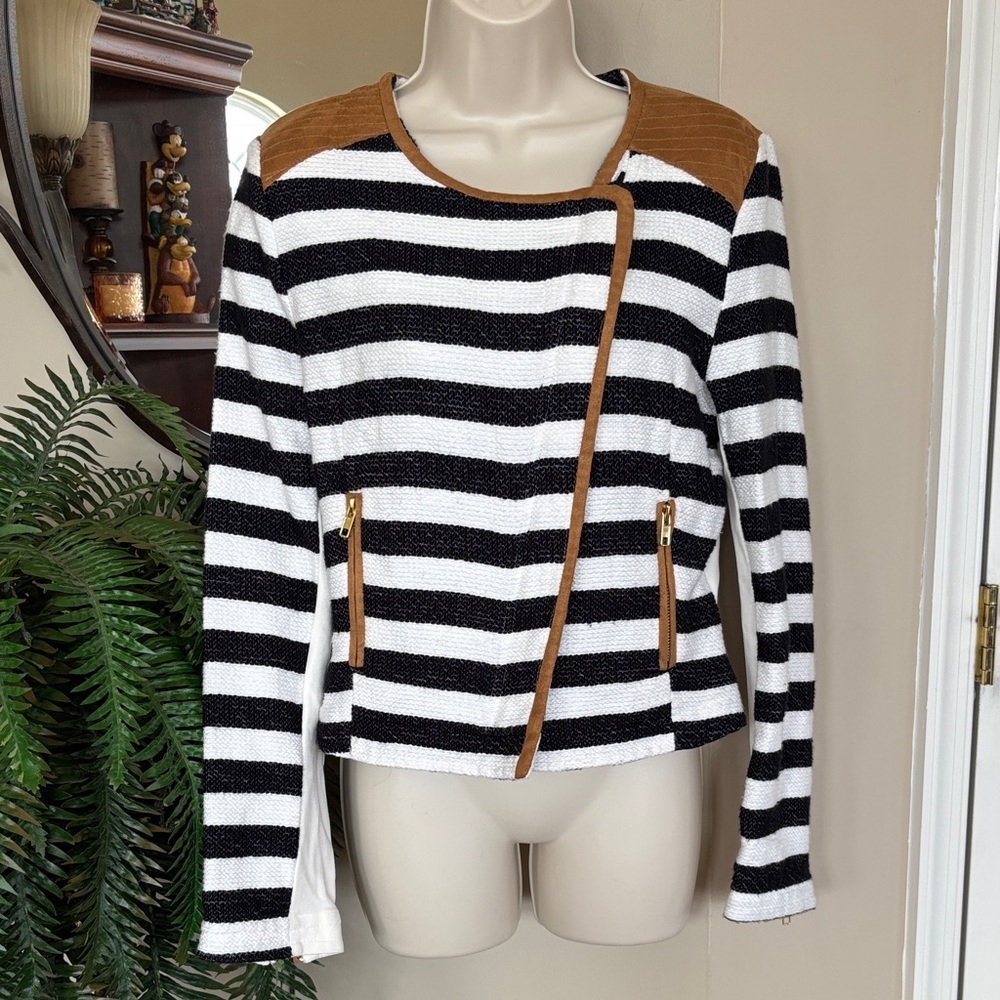 Gibson Latimer Black & White Striped Asymmetrical Zippered Jacket w/ Faux-Suede